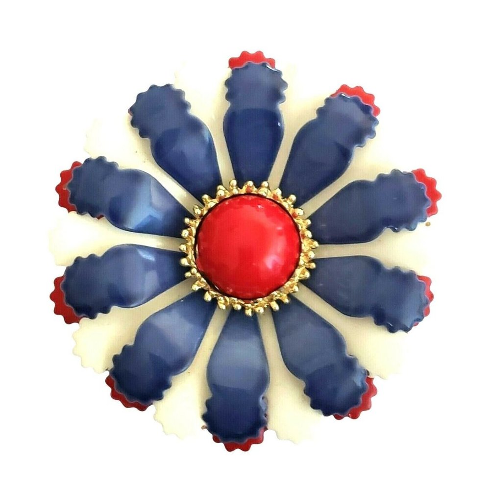 Vintage Red White Blue Enamel Flower Brooch Pin Daisy Patriotic Layered